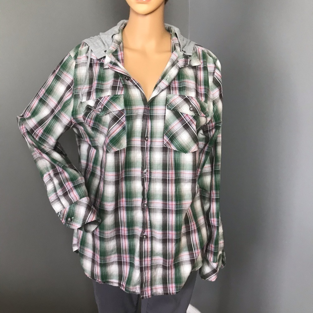 Twentyone Men’s Plaid Hooded Button-Down Shirt – XL, Unisex, Removable Hood